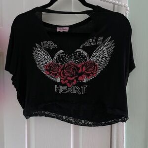 Black Crop Top with Rose and Wing Graphic